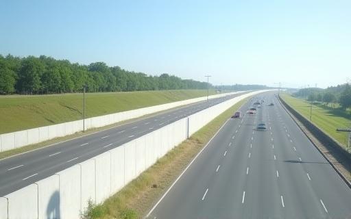 Fertiggestellte Lärmschutzwand aus Betonelementen entlang einer Autobahn.