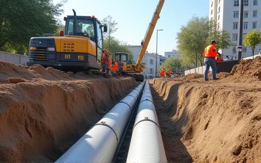 Einbau von Betonentwässerungskomponenten bei einem urbanen Bauprojekt.