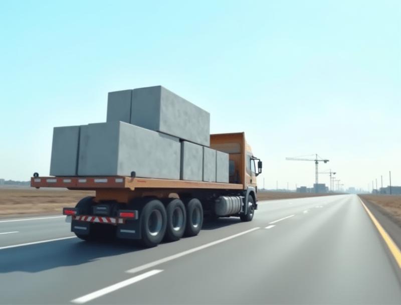 LKW beladen mit Betonfertigteilen auf dem Weg zur Baustelle.