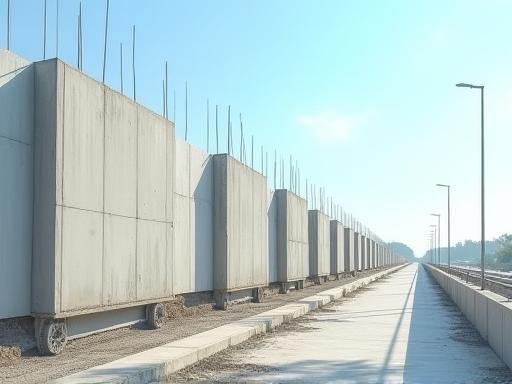 Baustelle einer Betonlärmschutzwand an einer Autobahn
