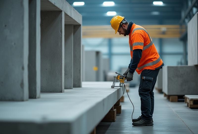 Techniker bei der Qualitätsprüfung eines Betonelements in der Produktionshalle.